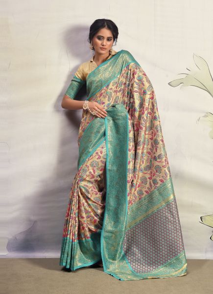 Cream & Aqua Dharmavaram Banarasi Silk Weaving Saree For Traditional / Religious Occasions