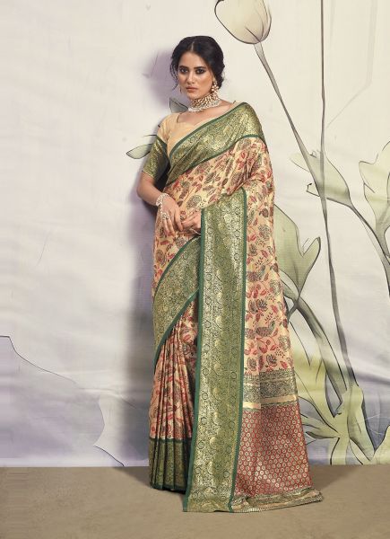 Cream & Green Dharmavaram Banarasi Silk Weaving Saree For Traditional / Religious Occasions