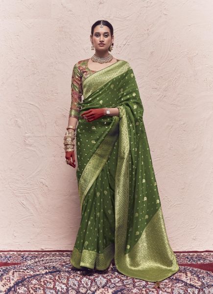 Olive Green Crape Silk Saree for Parties With Zari Weaving