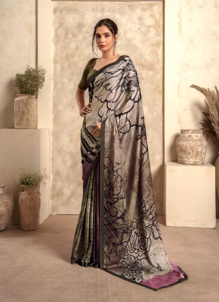 Light Beige Soft Satin Silk Digitally Printed Party-Wear Saree