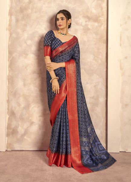 Navy Blue Woven Soft Silk Saree For Traditional / Religious Occasions