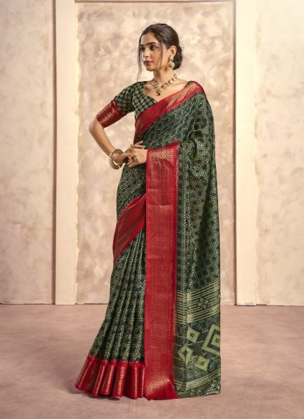 Dark Green Woven Soft Silk Saree For Traditional / Religious Occasions