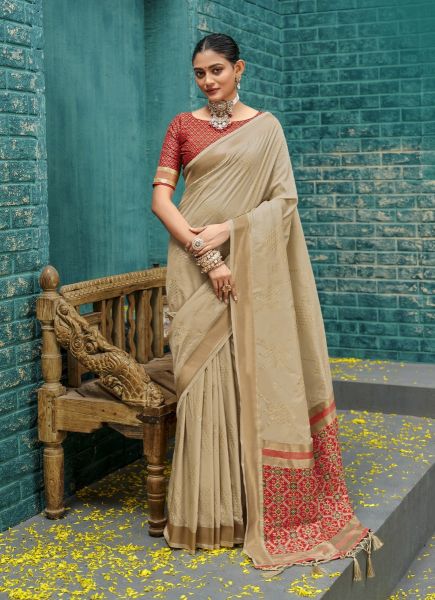 Light Beige Woven Banarasi Silk Saree For Traditional / Religious Occasions