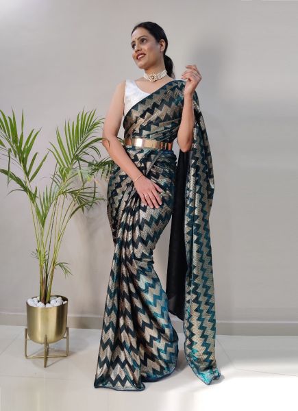 Teal Blue Net With Golden Foil-Work Ready-To-Wear Saree With Belt
