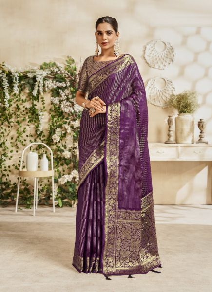 Dark Purple Woven Banarasi Silk Saree For Traditional / Religious Occasions