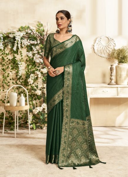 Dark Green Woven Banarasi Silk Saree For Traditional / Religious Occasions