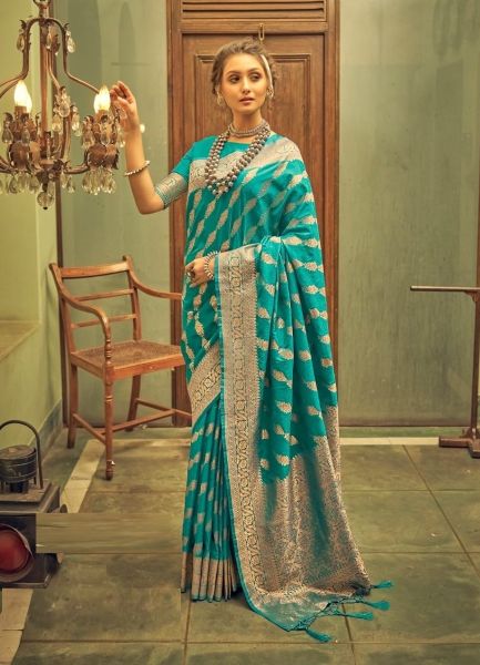 Teal Blue Banarasi Silk Weaving Festive-Wear Saree