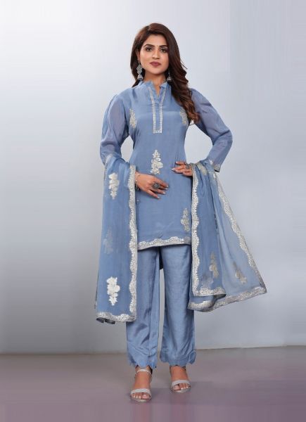 Steel Blue Viscose With Jacquard Handwork Party-Wear Pant-Bottom Readymade Salwar Kameez