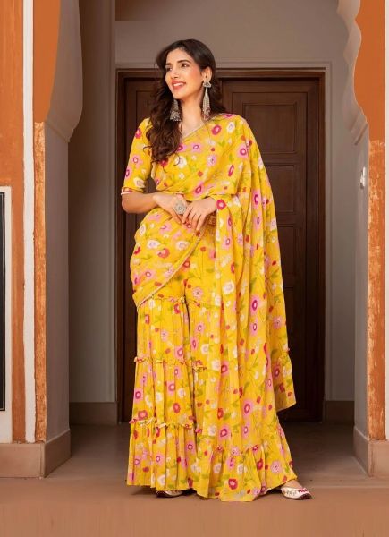 Yellow Soft Georgette Printed Party-Wear Readymade Indo-Western Outfit