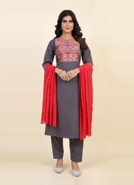 Warm Gray Crape Embroidered Festive-Wear Pant-Bottom Readymade Salwar Kameez