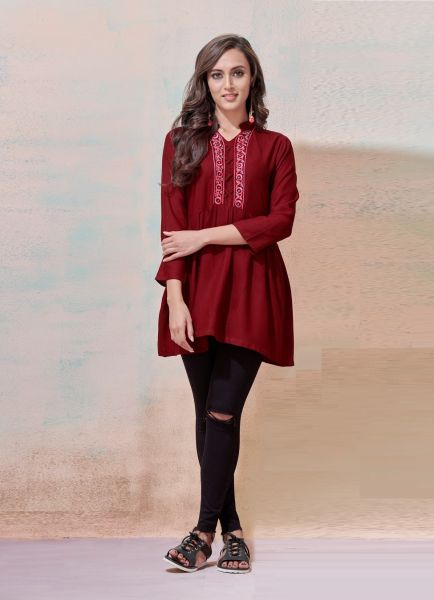 Wine Red Rayon Thread-Work College-Wear Readymade Short Top