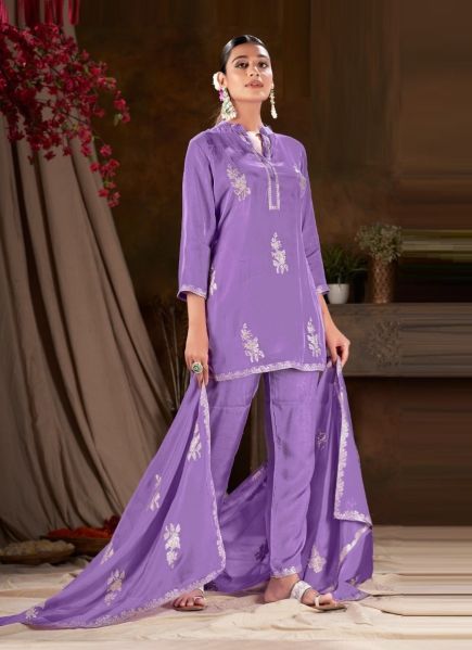 Lilac Viscose With Jacquard Handwork Party-Wear Pant-Bottom Readymade Salwar Kameez