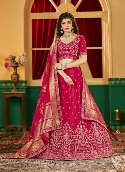 Dark Pink Viscose Embroidered Wedding-Wear Lehenga Choli