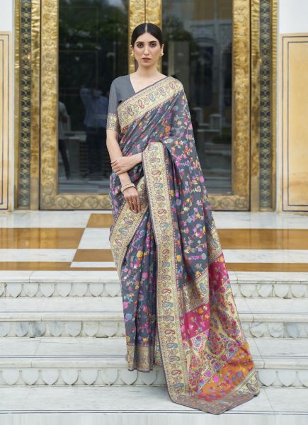 Gray Kashmiri Modal Handloom Woven Saree For Traditional / Religious Occasions