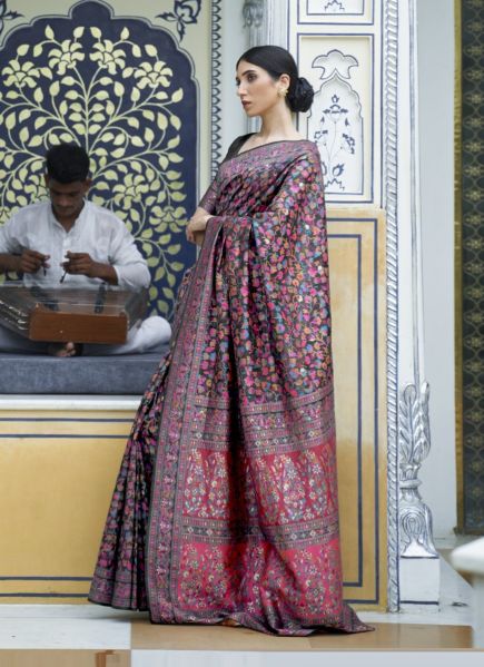 Black Kashmiri Modal Handloom Woven Saree For Traditional / Religious Occasions