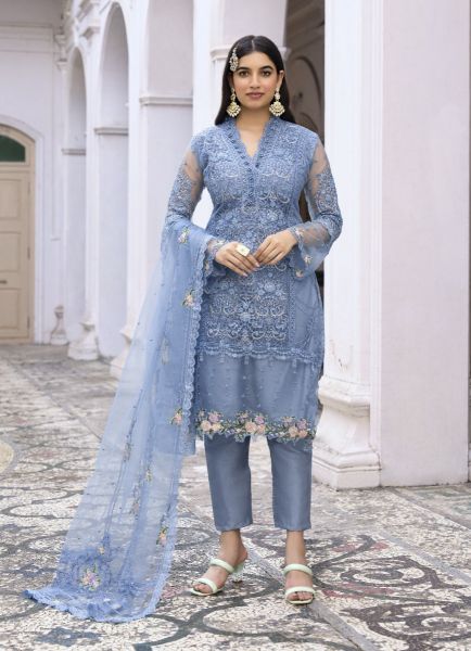 Steel Blue Net Embroidered Party-Wear Pakistani Salwar Kameez
