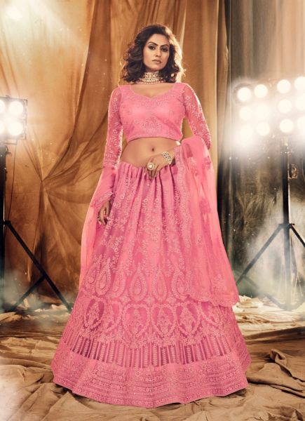 Pink Net Embroidered Wedding-Wear Reception Lehenga Choli