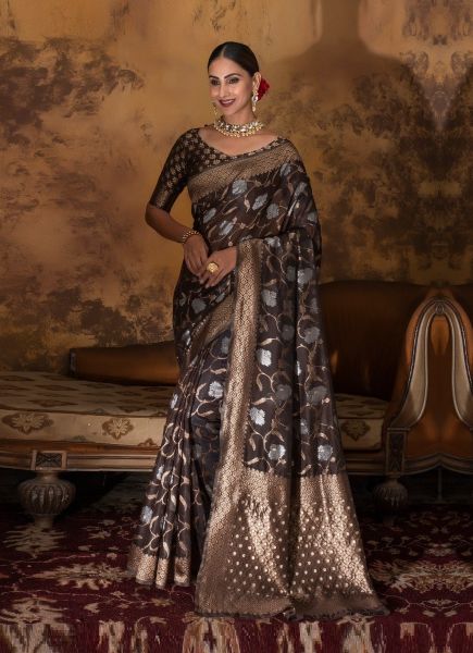 Dark Brown Cotton Woven Silk Festive-Wear Saree