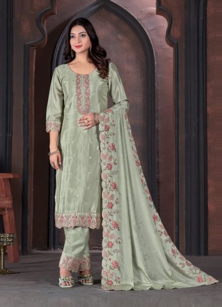 Sage Green Chinon Thread-Work Festive-Wear Straight-Cut Salwar Kameez