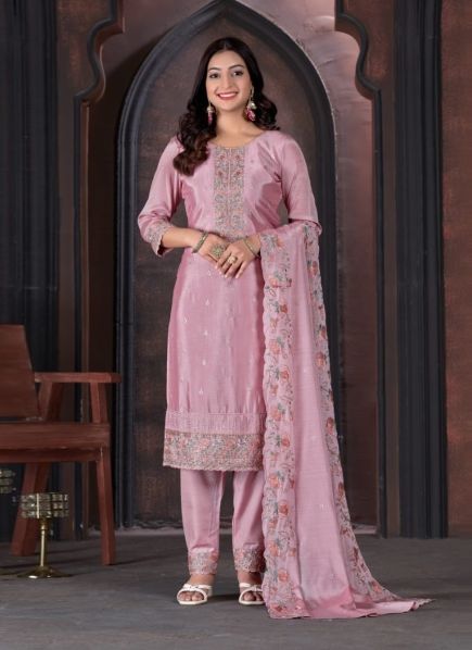 Pink Chinon Thread-Work Festive-Wear Straight-Cut Salwar Kameez
