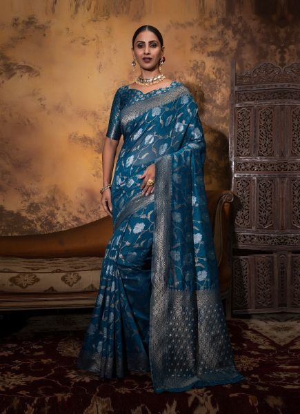 Sea Blue Cotton Woven Silk Festive-Wear Saree