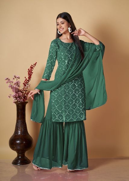 Teal Green Georgette Sequins-Work Gharara-Bottom Readymade Salwar Kameez