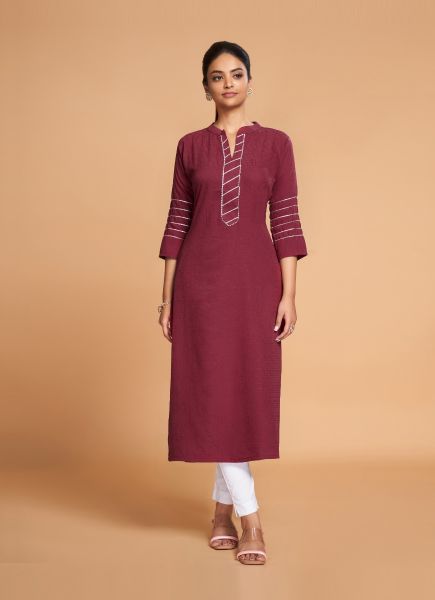 Wine Red Silk Weaving Festive-Wear Readymade Straight-Line Kurti