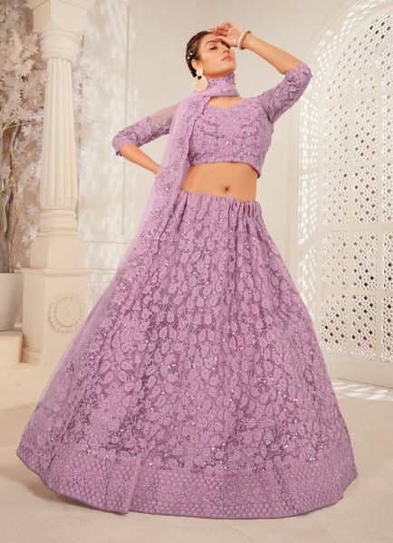 Lilac Net Embroidered Wedding-Wear Reception Lehenga Choli