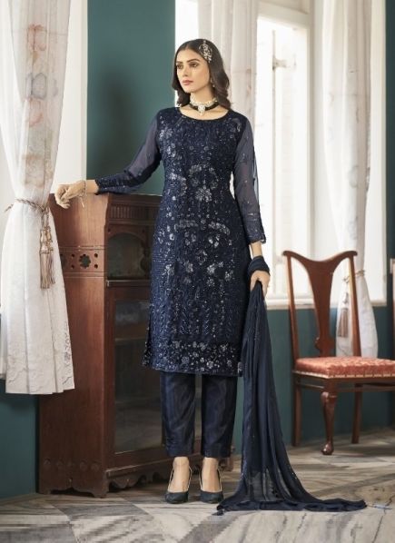 Dark Blue Faux Georgette Embroidered Festive-Wear Pakistani Salwar Kameez