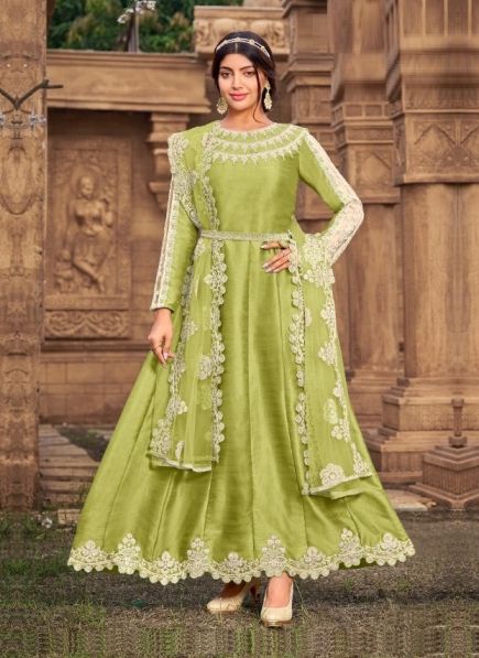 Light Olive Green Silk Thread-Work Festive-Wear Anarkali Salwar Kameez