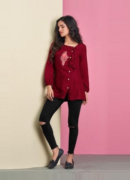Red Rayon Embroidered Readymade Short Top For Wearing In College & Office