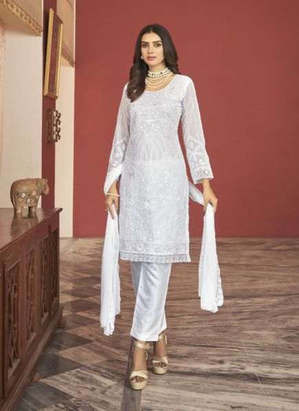 White Faux Georgette Embroidered Festive-Wear Pakistani Salwar Kameez