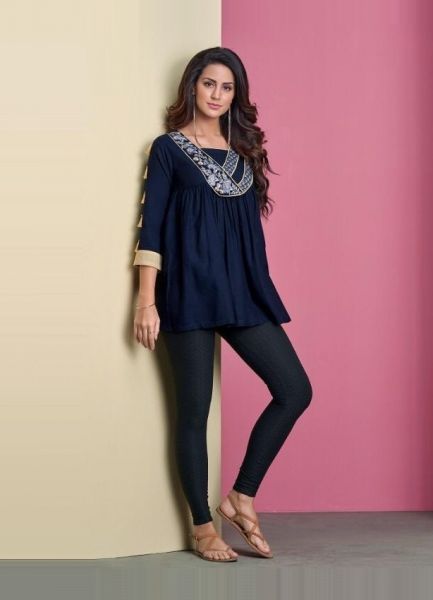 Dark Blue Rayon Embroidered Readymade Short Top For Wearing In College & Office