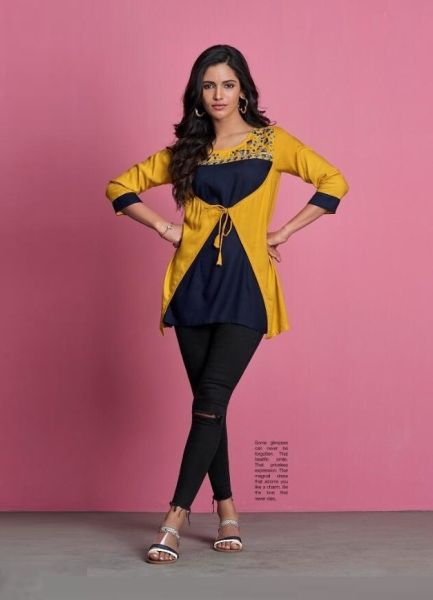 Dark Blue & Yellow Rayon Embroidered Readymade Short Top For Wearing In College & Office
