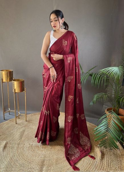 Crimson Red Jari Silk Embroidered Saree For Traditional / Religious Occasions