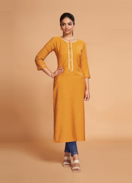 Orange Silk Readymade Straight-Line Kurti For Wearing In Office