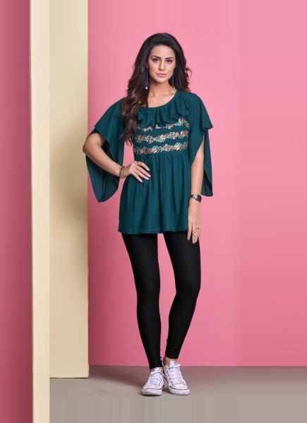 Sea Blue Rayon Embroidered Readymade Short Top For Wearing In College & Office