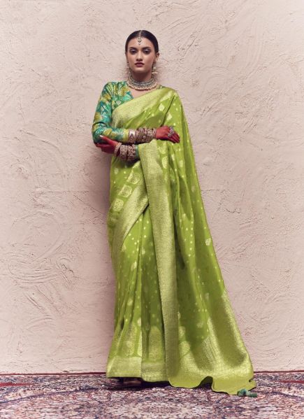 Light Olive Green Crape Silk Saree for Parties With Zari Weaving