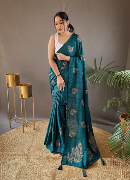 Sea Blue Jari Silk Embroidered Saree For Traditional / Religious Occasions
