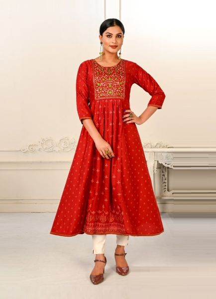 Red Cotton Hand Printed Resort-Wear Readymade Anarkali Kurti