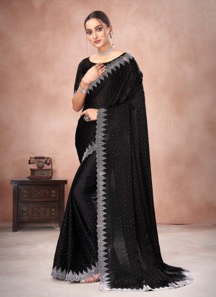 Black Satin Chiffon Swarovski Work Festive-Wear Vibrant Saree