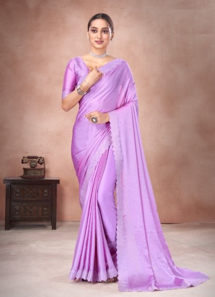 Light Purple Satin Chiffon Swarovski Work Festive-Wear Vibrant Saree