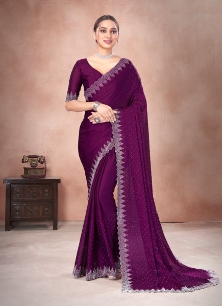 Purple Satin Chiffon Swarovski Work Festive-Wear Vibrant Saree
