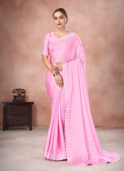 Pink Satin Chiffon Swarovski Work Festive-Wear Vibrant Saree