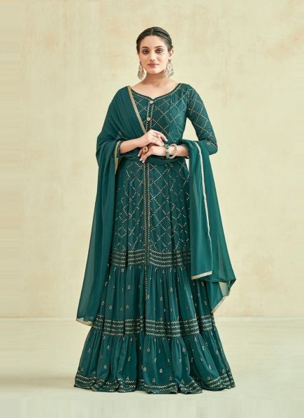 Teal Green Real Georgette Sequins-Work Party-Wear Readymade Gown With Dupatta