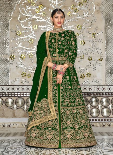 Green Velvet Thread-Work Ramadan-Special Floor-Length Salwar Kameez