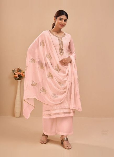 Light Salmon Pink Georgette Sequins-Work Straight-Cut Salwar Kameez For Traditional / Religious Occasions