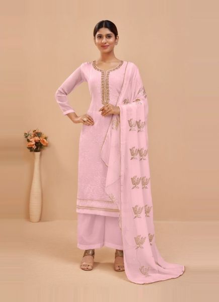 Light Pink Georgette Sequins-Work Straight-Cut Salwar Kameez For Traditional / Religious Occasions