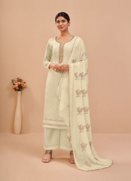 Cream Georgette Sequins-Work Straight-Cut Salwar Kameez For Traditional / Religious Occasions
