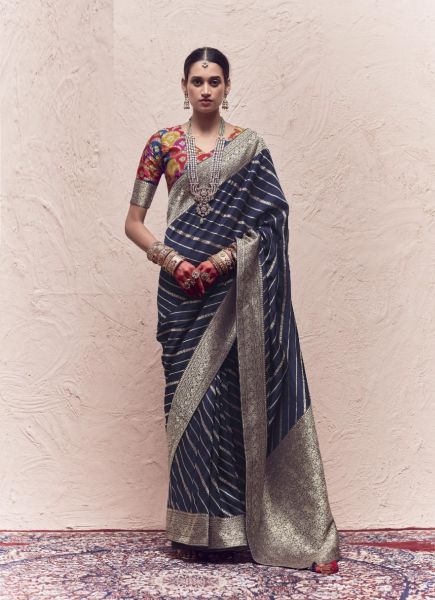 Dark Blue Crape Silk Saree for Parties With Zari Weaving